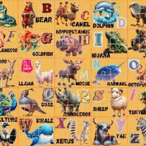 Educational board displaying animals corresponding to each letter of the alphabet from A to Z. Fun wood puzzle