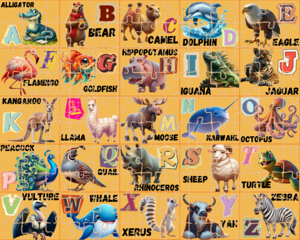 Educational board displaying animals corresponding to each letter of the alphabet from A to Z. Fun wood puzzle