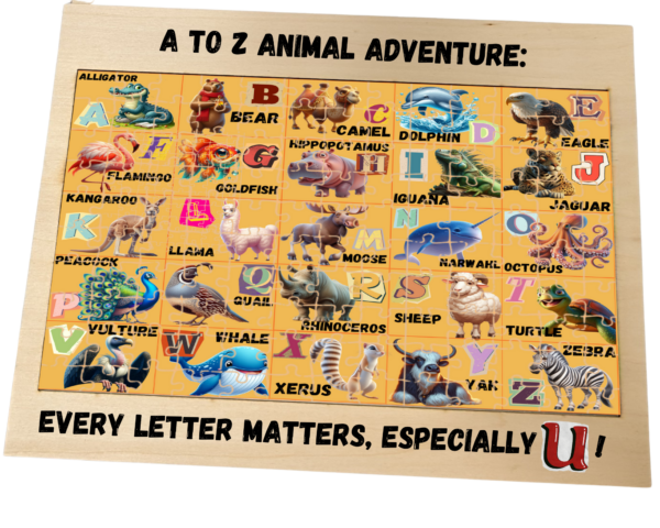 Educational board displaying animals corresponding to each letter of the alphabet from A to Z. Fun wood puzzle