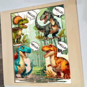 Illustration of four colorful dinosaurs in a lush prehistoric setting, each saying ‘HELLO!’ - ideal for a custom wood puzzle.