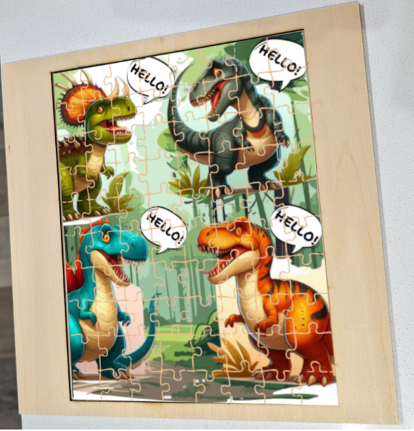 Illustration of four colorful dinosaurs in a lush prehistoric setting, each saying ‘HELLO!’ - ideal for a custom wood puzzle.