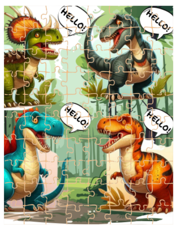 Illustration of four colorful dinosaurs in a lush prehistoric setting, each saying ‘HELLO!’ - ideal for a custom wood puzzle.