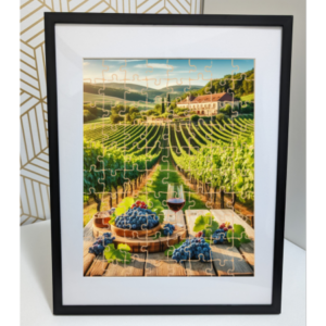 A vibrant jigsaw puzzle framed in a sleek black photo frame, depicting a picturesque vineyard scene with lush green vines, a stone building in the background, and baskets of grapes in the foreground.