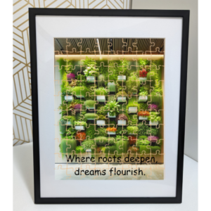 : A vibrant vertical garden featuring a variety of lush green plants and colorful flowers, meticulously arranged in a grid pattern to form a living wall, now transformed into an engaging wooden puzzle framed in a sleek photo fram