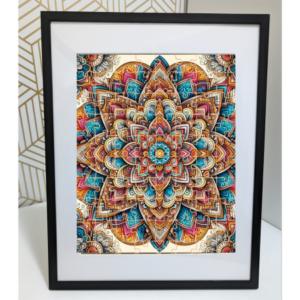 A vibrant, multicolored mandala design wooden puzzle, framed in black and displayed against a neutral background.”