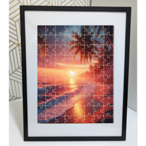 Custom wooden puzzle featuring a tranquil beach sunset with palm trees and ocean waves.